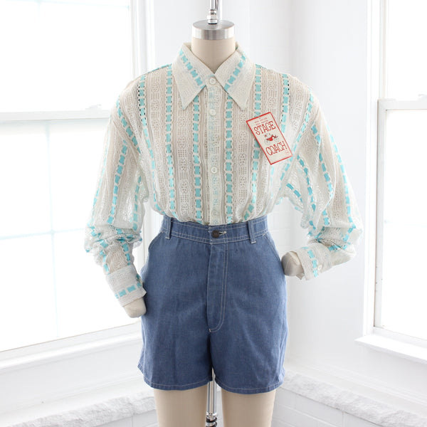 70s NOS Sheer Lace Button Down Shirt