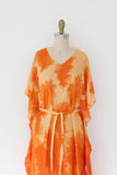70s Feather Tie Waist Kaftan Dress Orange