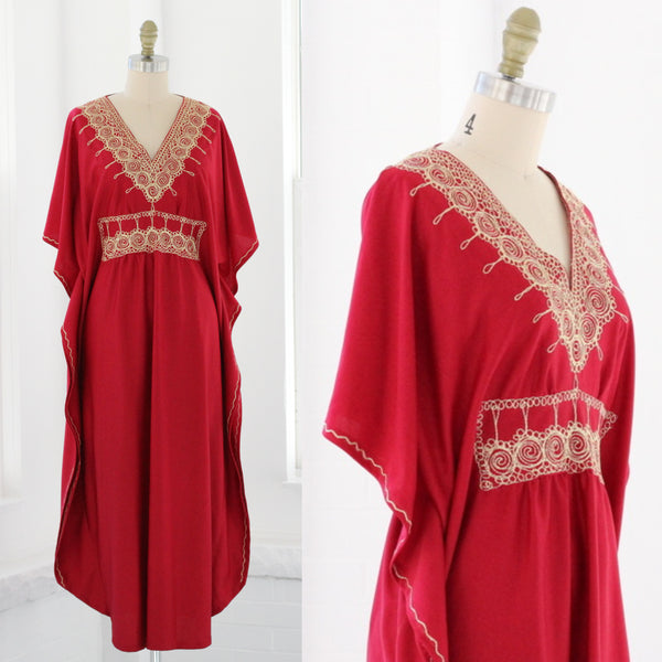 70s Metallic Ornate Wine Kaftan Dress